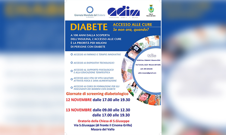 Screening diabetologici gratuiti a cura dell'Adim. 12 e 13 novembre presso l'Oratorio della chiesa di San Giuseppe